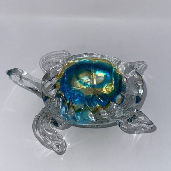 Vinci Colored Art Glass Sea Turtle Pedestal Base Blue Yellow Heavy - Picture 1 of 6